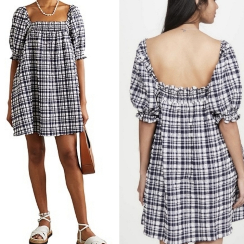 Solid Striped baby doll Puckered Madras mini dress